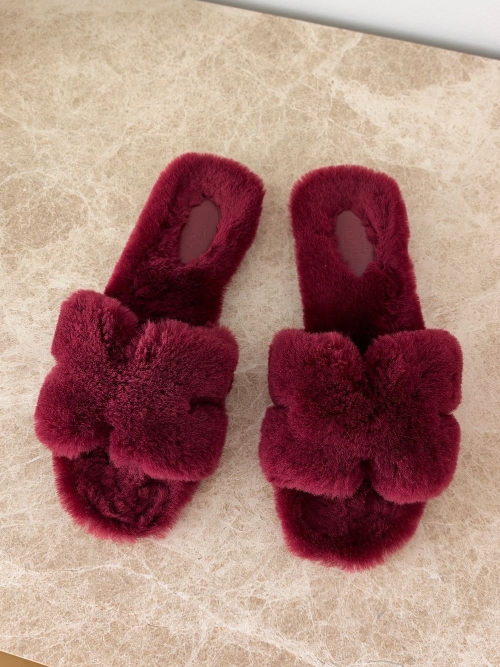 Hermès Oran Shearling Fur Slippers Burgundy EU 39.5